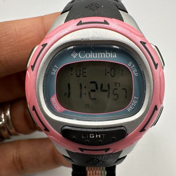3/$30 Columbia Digital Watch Pink Black Nylon Strap Band Backlight Dial - Picture 2 of 13